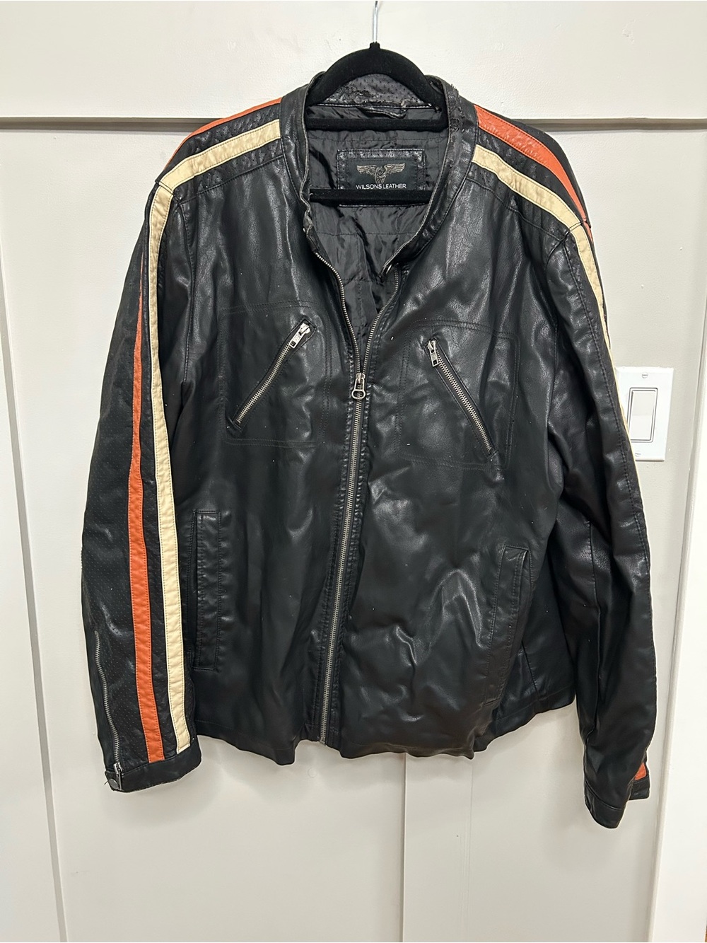 Wilsons Leather Black Leather Racer Jacket with Cream & Orange Stripes